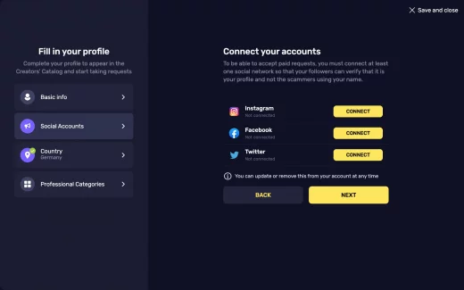 Connect your accounts page on Paysenger