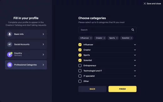 Choose categories page on Paysenger