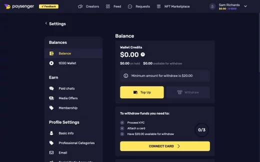 Balance page on Paysenger
