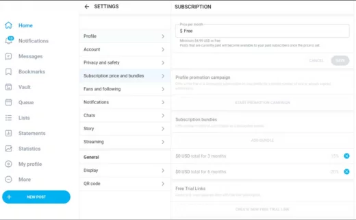 Subscription settings on OnlyFans