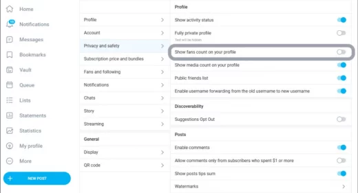 Profile settings on OnlyFans