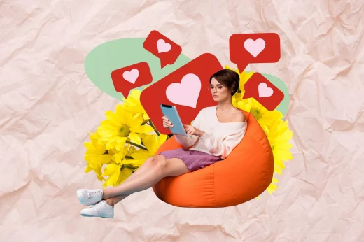 mini girl sit beanbag use tablet big flowers