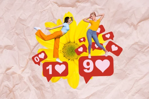 two positive funky mini girls dance stand huge like notification facebook instagram tiktok yellow flower