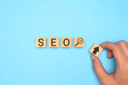 SEO rank up with magnifier icon on clean ground