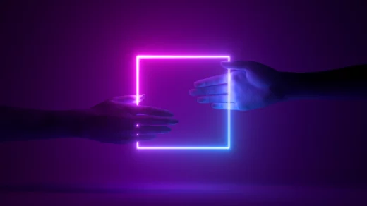 3d render, abstract neon background with hands holding blank square frame, glowing in ultraviolet light