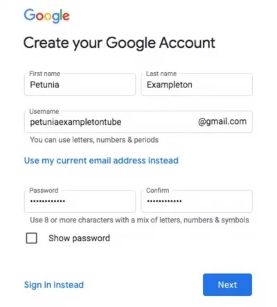Google Create your account page